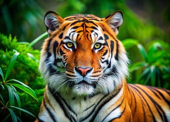 Fototapeta premium Majestic Bengal tiger with vibrant orange and black stripes, sharp claws, and piercing green eyes, set against a