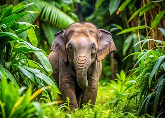 Naklejka premium Majestic Borneo pygmy elephant, smallest subspecies of Asian elephant, roaming freely in lush, vibrant jungle of