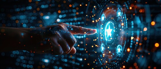 Hand pointing to a five-star digital rating on a virtual interface