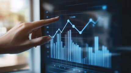 Analyzing stock market trends on a digital screen during business hours in a modern office setting