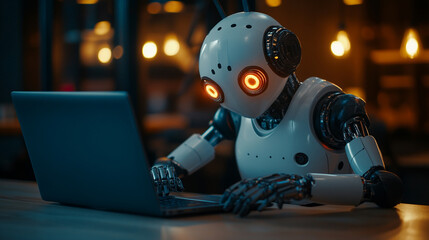Robot engaged with a laptop in a modern workspace during the evening, showcasing technology and innovation in action