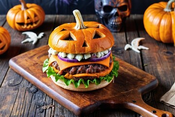 Craved Pumpkin Burger Served on a Wooden Board. Halloween Hamburger, Halloween Food Concept