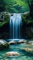 Naklejka premium Serene Cascading Waterfall with Moss-Covered Rocks in a Pristine Forest Setting
