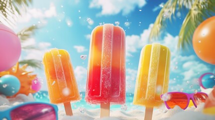 Colorful ice pops shine under the sun, surrounded by beach balls and palm trees&mdash;a perfect summer treat!