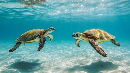Obraz premium Hawaiian green sea turtles swimming gracefully in clear ocean waters