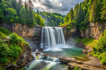 Fototapeta premium Majestic Elk River Falls cascades 50 feet down a rocky cliff, surrounded by lush greenery and mist, in