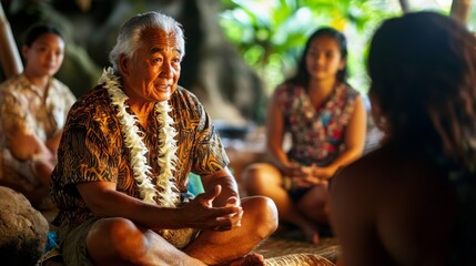 Indigenous Hawaiian elder sharing stories with a small group in a traditional setting