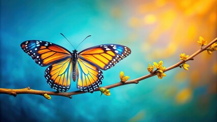 Fototapeta premium Vibrant butterfly on cyan and yellow branch in artistic style