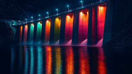 Illuminated Dam at Night with Colorful Lights and Reflections