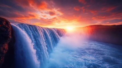 Majestic Waterfall in Rocky Gorge under Glowing Sunset Sky