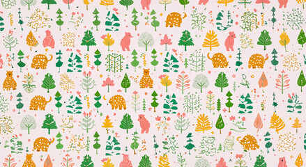 illustration of bears animals in nature. Big trees and forest. Repeated and decorative designs are used for packaging, decorating, interior design, wallpapers, banners
