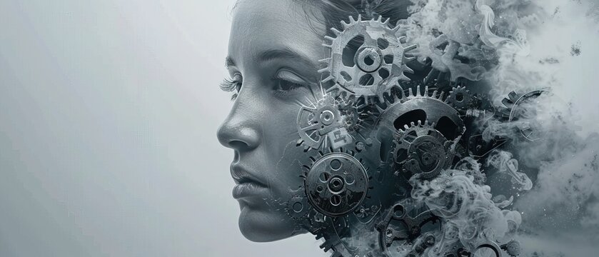 Womans Head With Gears, How the Mind Works and Processes Information