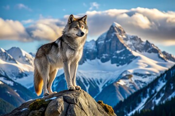 Fototapeta premium Majestic gray Alaskan wolf stands atop a rocky outcropping, ears perked, gazing out at a vast, snow-capped mountain
