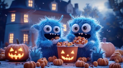 Friendly Monsters Celebrating Halloween with Snacks in a Spooky House - 3D Illustration, Generative AI