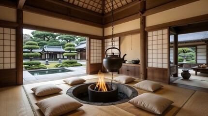 Edo-Era Charm: Rustic Japanese Kitchen with Irori and Garden Serenity