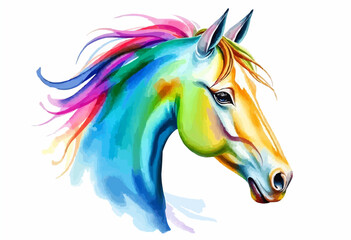 Colorful illustration portrait of a horse drawing with paints on a white background, watercolor painting. Drawing horse print for clothing or paper, concept art, wall painting, background, banner.