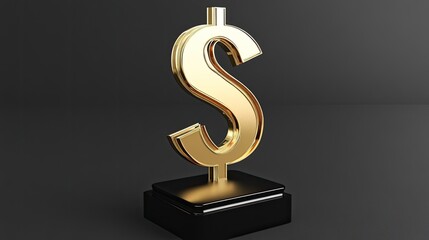 Golden dollar sign on a black pedestal against a black background.