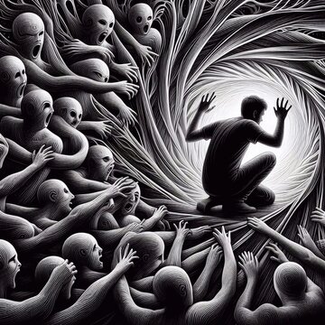 The man is trying to free himself from the metaphorical shell, he is surrounded by chaotic energy, distorted figures are drawn to him, being symbols of paranoia, fear and uncertainty
