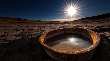 Rusty Water Trough in Desert Landscape with Sunburst