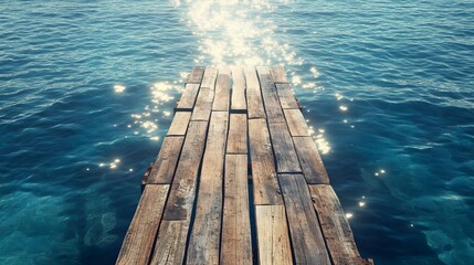 Fototapeta premium View of a rustic wooden pier reaching into deep, clear blue sea waters, with sunlight casting gentle shadows and reflections on the water, realistic style with intricate wood and water textures,
