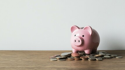 Pink piggy bank sitting on a pile of coins against a white background.