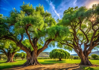 Fototapeta premium Majestic pepper trees with gnarled branches and vibrant green foliage thrive in a sun-kissed landscape, creating a