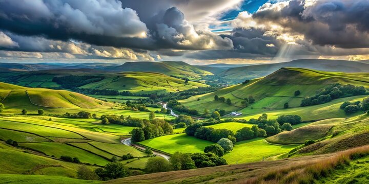 Majestic panoramic landscape of towering Pennine hills with lush green rolling hills, sparkling streams, and a serene