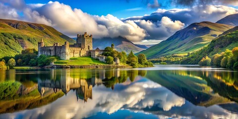 Fototapeta premium Majestic ruined castle towers above emerald hills, misty valleys, and sparkling lakes, showcasing Ireland's rugged yet