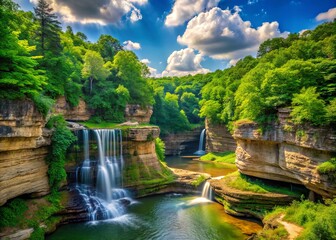 Fototapeta premium Majestic sandstone canyons, lush green forests, and sparkling waterfalls create a breathtaking landscape in this