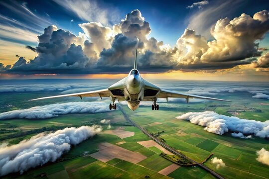 Majestic Russian supersonic variable-sweep wing bomber aircraft flies low over vast open landscape, clouds streaking