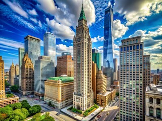 Obraz premium Majestic skyscraper in Lower Manhattan's Financial District, iconic Art Deco architecture soaring high above bustling