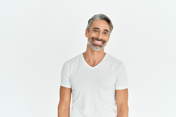 Smiling mature man wearing t-shirt isolated on white background. Portrait. Happy middle aged older guy, confident mid adult handsome bearded gray-haired male model in his 40s looking at camera.