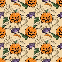 Seamless pattern with pumpkins and frogs, graphics with colored elements. Pumpkins with different emotions. Print for wrapping paper, textiles, poster, gift paper