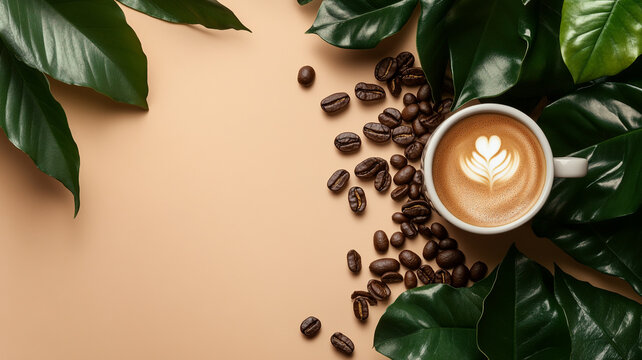 Celebrating International Coffee Day with a latte art creation surrounded by coffee beans and leaves