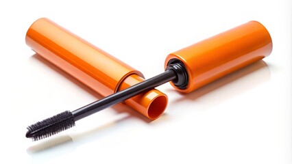 Fototapeta premium Photographed on a crisp white background, the vibrant orange mascara tube shines brightly alongside its sleek black