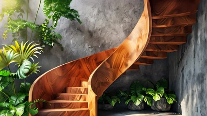 Elegant wooden spiral staircase design in a lush indoor garden setting