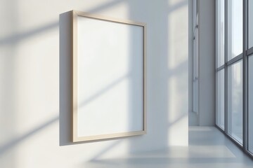 A Blank Canvas Framed In Wood Against a White Wall With Sunlight Streaming Through a Window