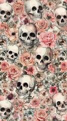 Repeated pattern of skulls with flowers and roses in a delicate watercolor design