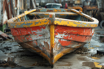 Obraz premium An old vintage fishing boat, wooden with peeling paint, abandoned and broken in the workshop port.