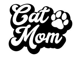 Logo pet friendly. Frase cat mom en texto manuscrito con zarpa de perro o gato con sombra 3d