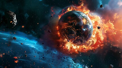 Obraz premium Cataclysmic Explosion of Planets in Dramatic Cosmic Chaos and Fiery Interstellar Debris Field