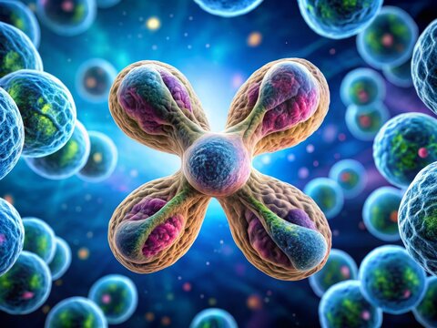 Microscopic illustration of meiosis cell division showing nondisjunction event, where chromosomes fail to separate,
