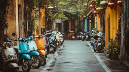 Group of vintage scooters lined up along a Vietnamese street, ready to ride
