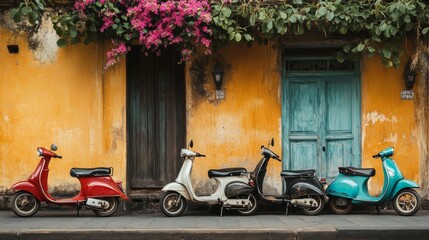 Group of vintage scooters lined up along a Vietnamese street, ready to ride