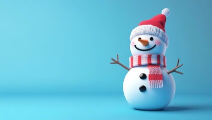 A 3D cute, happy, and smiling snowman with a hat and scarf
