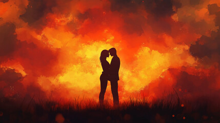 Fototapeta premium Couples Embracing on a Hill During Fiery Sunset, Digital Art, Romantic Evening Landscape, Loving Embrace, Colorful Skies, Passionate Moment Illustration
