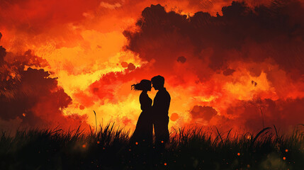 Fototapeta premium Couples Embracing on a Hill During Fiery Sunset, Digital Art, Romantic Evening Landscape, Loving Embrace, Colorful Skies, Passionate Moment Illustration