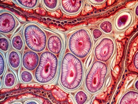 Microscopic view of serosa, a thin layer of epithelial cells lining the peritoneum, covering abdominal organs, with