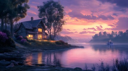 Fototapeta premium Scenic house near a quiet river, bathed in a pink and purple sunset sky, the calm water reflecting the soft colors of the horizon, peaceful and reflective mood, warm, ambient light creating a serene