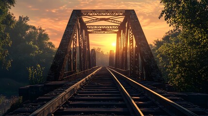 Railroad tracks crossing an ancient bridge, dramatic sunset light casting warm tones over the scene, detailed textures of the old bridge and tracks, mood of timeless resilience and history, grand and